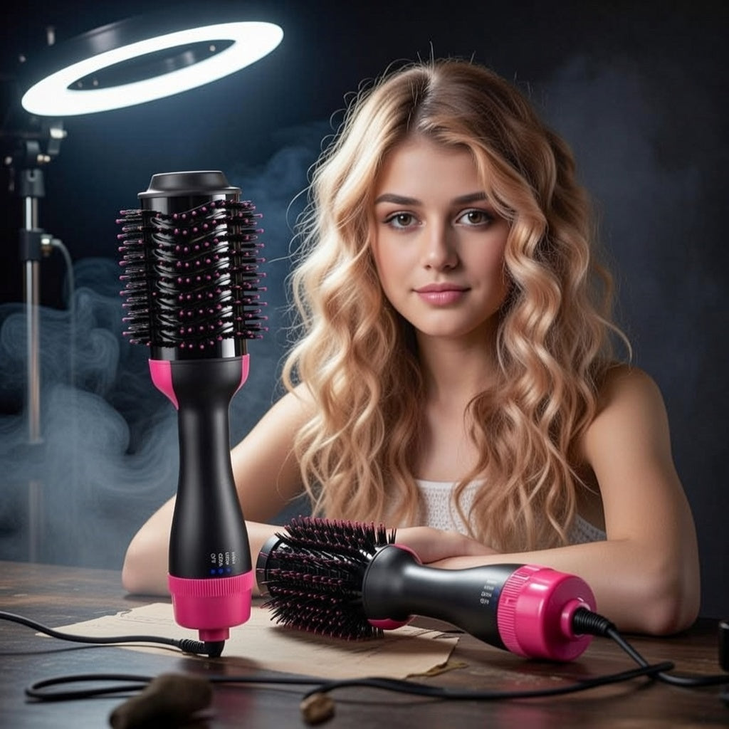 Heat Control Hair Dryer Brush – 1000W Ionic Volumizing & Straightening Hot Air Brush with Temperature Control
