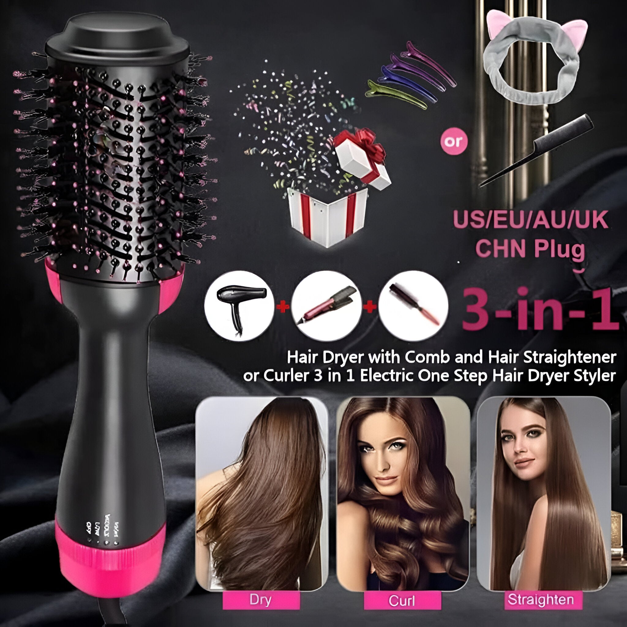 Heat Control Hair Dryer Brush – 1000W Ionic Volumizing & Straightening Hot Air Brush with Temperature Control