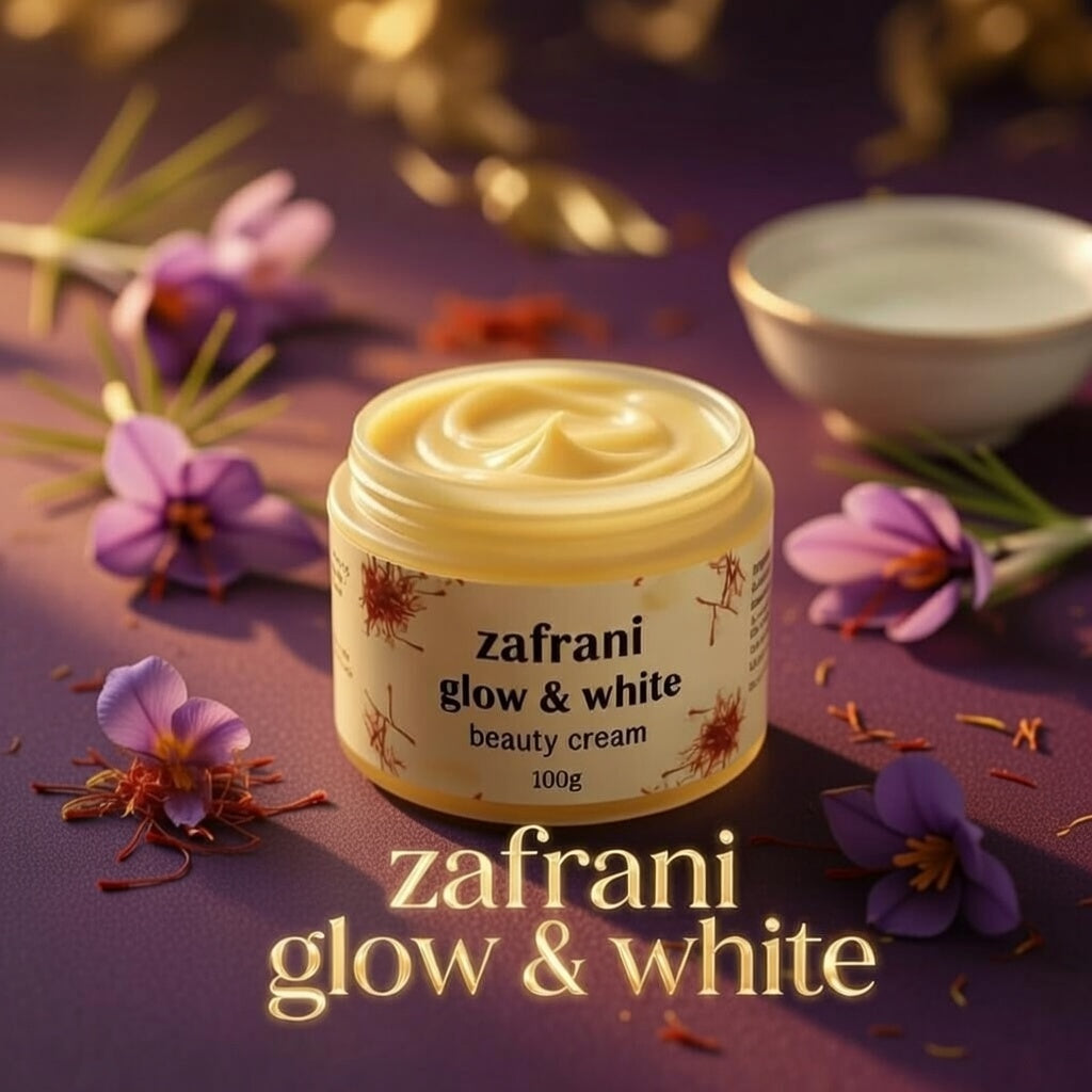 Zafrani Glow & White beauty cream jar with saffron flowers on a purple surface, Elegence Aura.